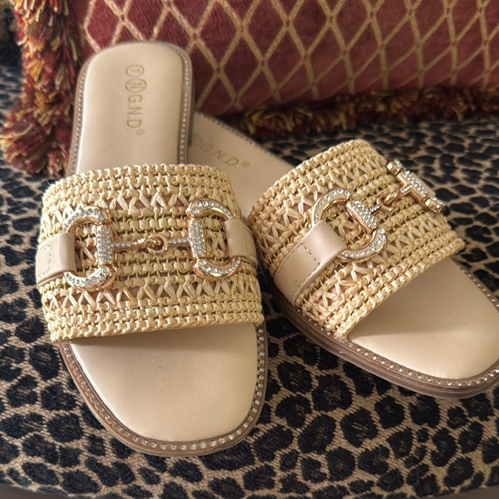 Vince Camuto Gold Raffia Slide Sandals